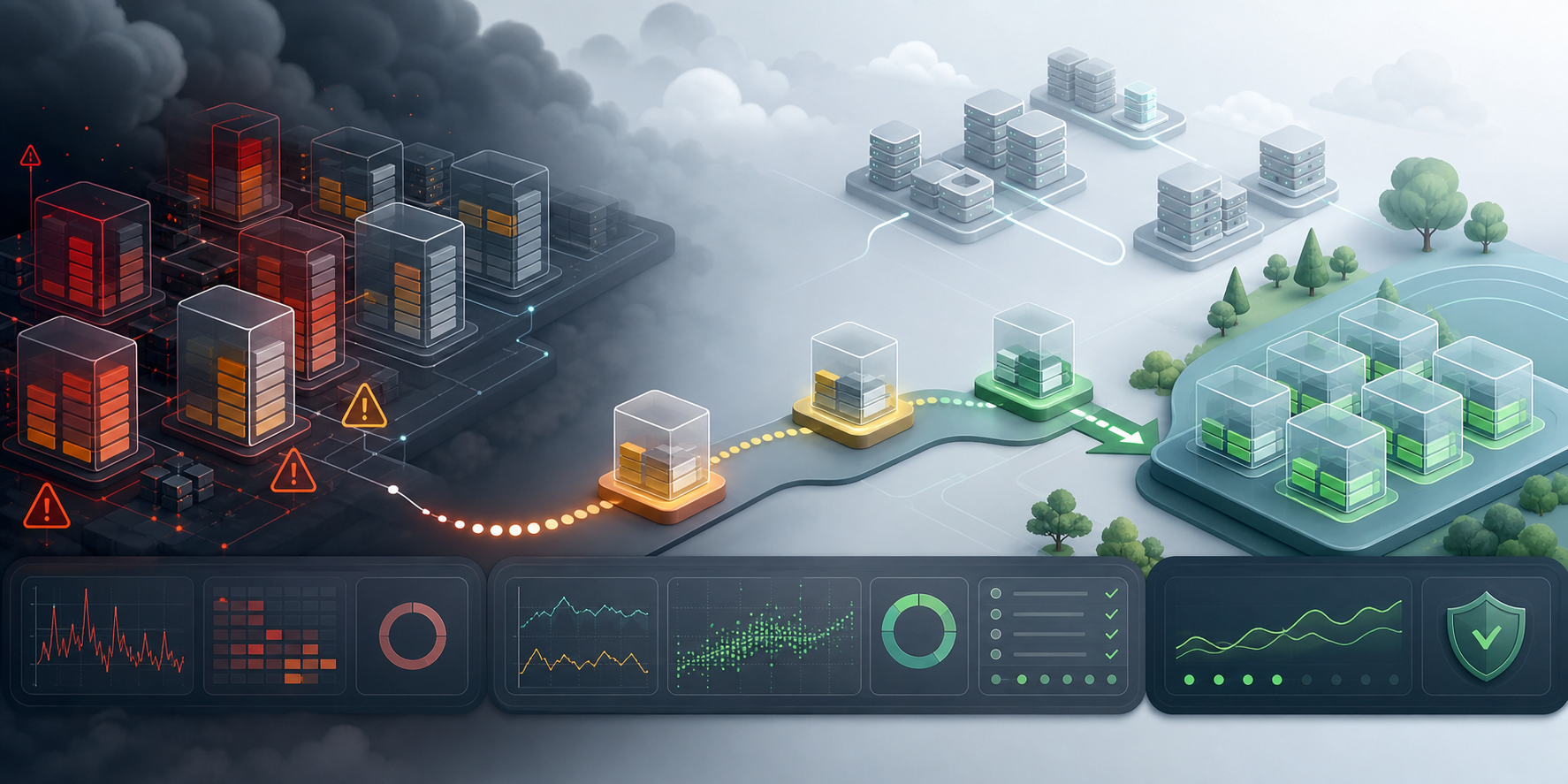 Abstraktes Cloud-Native-Dashboard, in dem ein chaotischer überdimensionierter Cluster zu einem kontrollierten Canary-Rollout und stabilen Kubernetes-Workload wird.